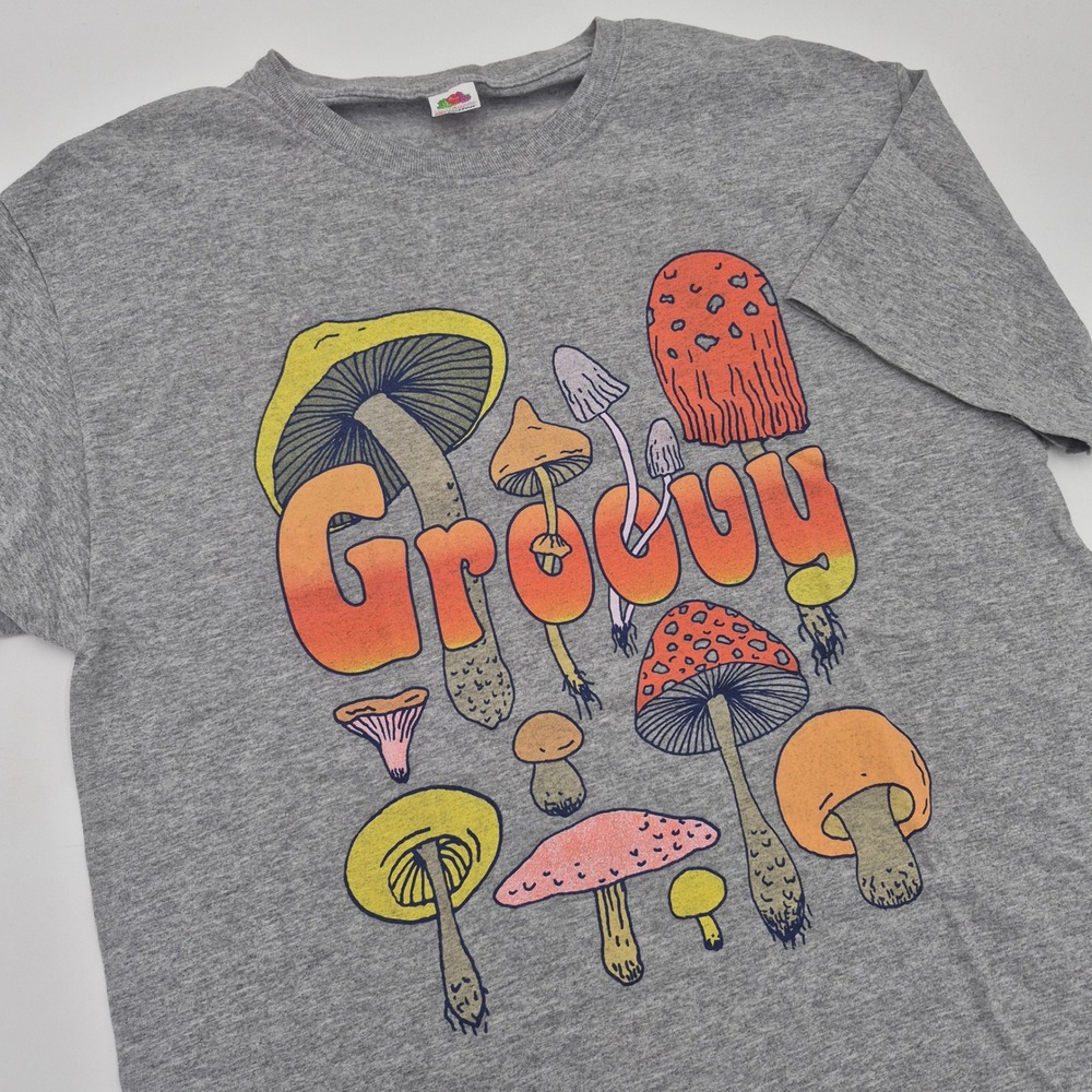 Fruit of the Loom Groovy Mushroom Graphic T-Shirt Gray Medium Retro Psychedelic